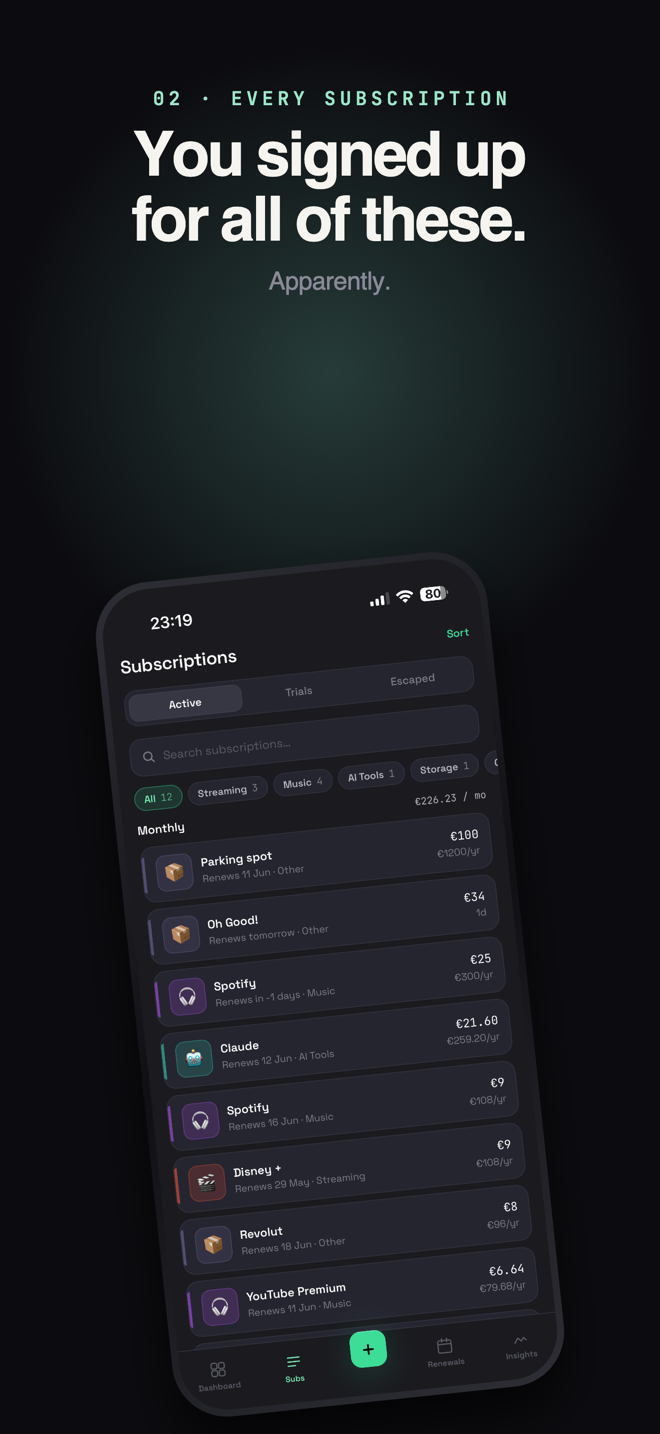 Full subscription list with categories and renewal dates